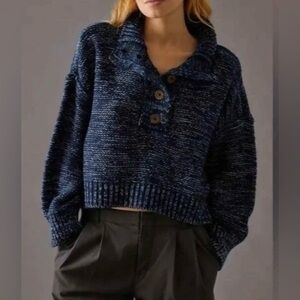 Pilcro by Anthropologie Blue Knit Quarter Button Cropped Sweater - Size S